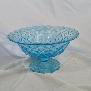 Pedestal Bowl Aqua Blue Glass Diamond Dot 9.5in Excellent Vintage MCM